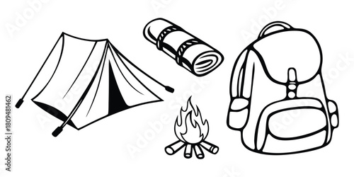 Camping gear including a tent, sleeping bag, backpack, and campfire is depicted.