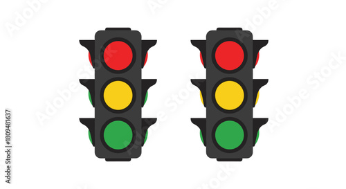 A simple flat vector illustration of two traffic light signals one showing a green light and the other showing red and yellow lights.