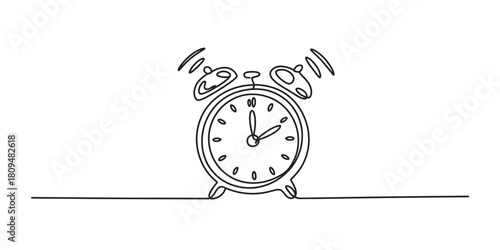 Continuous line art drawing of a vintage alarm clock ringing loudly, symbolizing urgency, punctuality, and the start of a new day