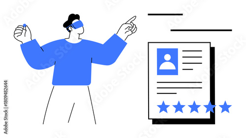 User interacting with digital user profile displaying a five-star rating. Represents online reputation, identity management, feedback systems. Ideal for technology, marketing, HR, business, ratings