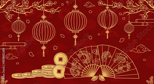Vibrant red background with golden Chinese lanterns, coins, and a fan, symbolizing prosperity and celebration for Lunar New Year.