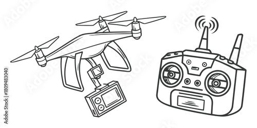 A drone with a camera attached and its remote control are depicted in a line drawing.