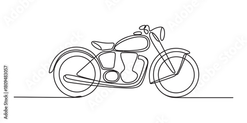 Single continuous line art drawing of a vintage classic motorcycle side view. minimalist design of a retro chopper motorbike concept.