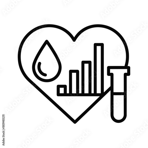 Outline icon representing blood test analysis for heart health with graph, isolated on