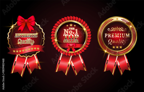 Golden luxury labels banners, gold badge vector .premium quality certificate seal ribbons, Shield, VIP, super quality sticker tags for best product seals, seller top no 1 brand golden crown  red bow