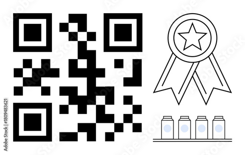 QR code next to an award ribbon with a star and four product jars on a shelf. Ideal for quality assurance, authentication, branding, marketing, product validation, trust-building, simple flat