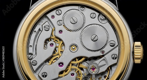 Close up studio photo of the contents inside a gold colored watch frame with a black background