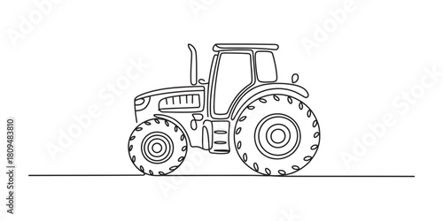 Single continuous line art drawing of a powerful farm tractor, symbolizing agricultural industry, rural farming, and modern machinery.
