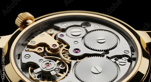 Close up studio photo of the contents inside a gold colored watch frame with a black background
