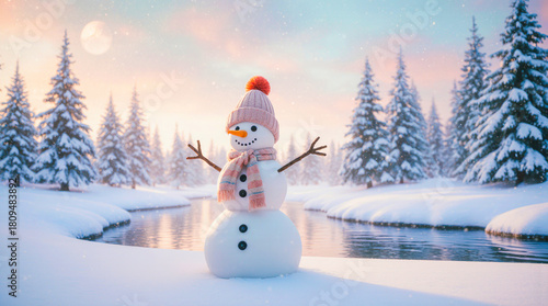 Charming snowman in a winter wonderland forest scene