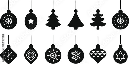 Christmas hanging ornaments silhouette vector icon set .
