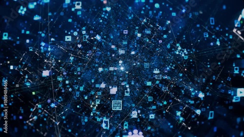  Moving Through Network of Icons, Connections and Nodes Illustrating Social Media Content and Complex Algorithms. Visualization of Artificial Intelligence, and LLM, AI Neural Network, Chatbot.