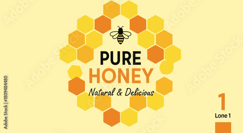 Elegant logo design with a bee on a honeycomb, perfect for a natural and organic honey product label. Vector emblem