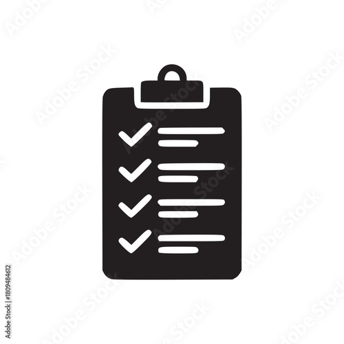 A black and white graphic of a clipboard with check marks and lines indicating completion list items