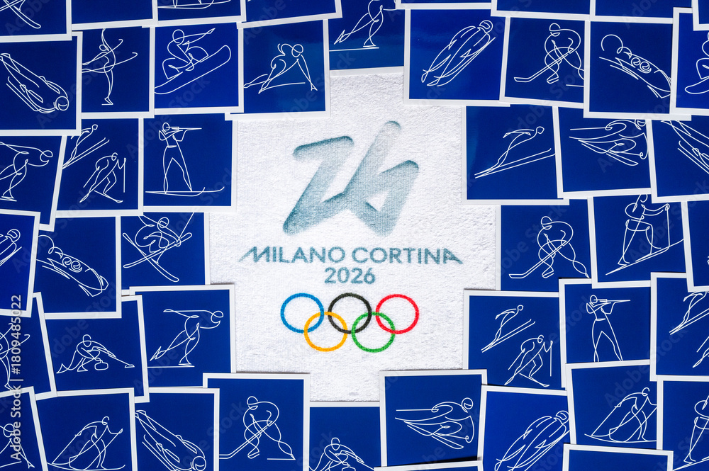 Naklejka premium Milano Cortina 2026 Winter Olympics: Official Logo, Sport Pictograms, and Background Design