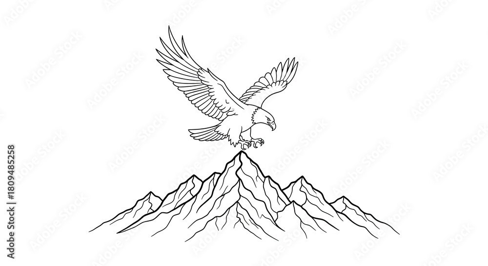 Obraz premium Line art drawing of an eagle in flight, descending towards a majestic mountain peak.