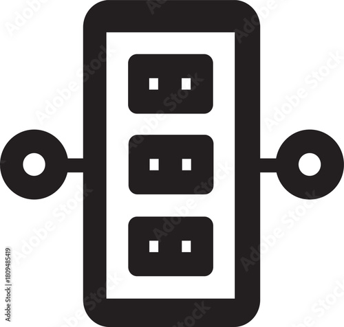 Black and white icon representing a server rack or power strip