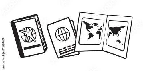 Several passports and an open atlas with world maps are displayed, suggesting travel.