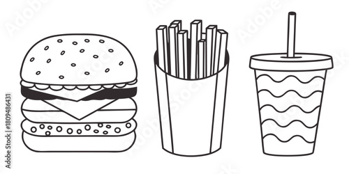 A simple line drawing depicts a hamburger, french fries, and a drink with a straw.