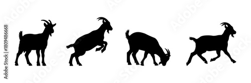 Goat silhouette set in standing, jumping, grazing, and walking poses, farm animal vector collection for livestock, agriculture, and nature design elements.
