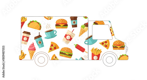Food Truck Filled with Delicious Treats and Snacks Illustration for Restaurant or Menu Design