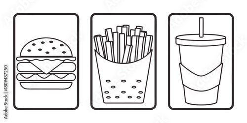 A simple illustration shows a burger, french fries, and a drink in separate frames.