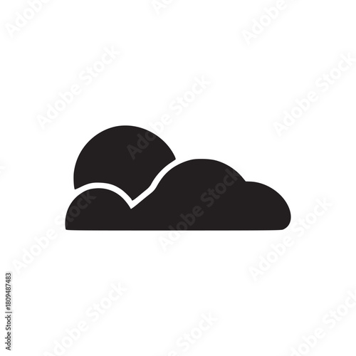 A simple black and white illustration of a sun partially hidden behind a cloud on a white background