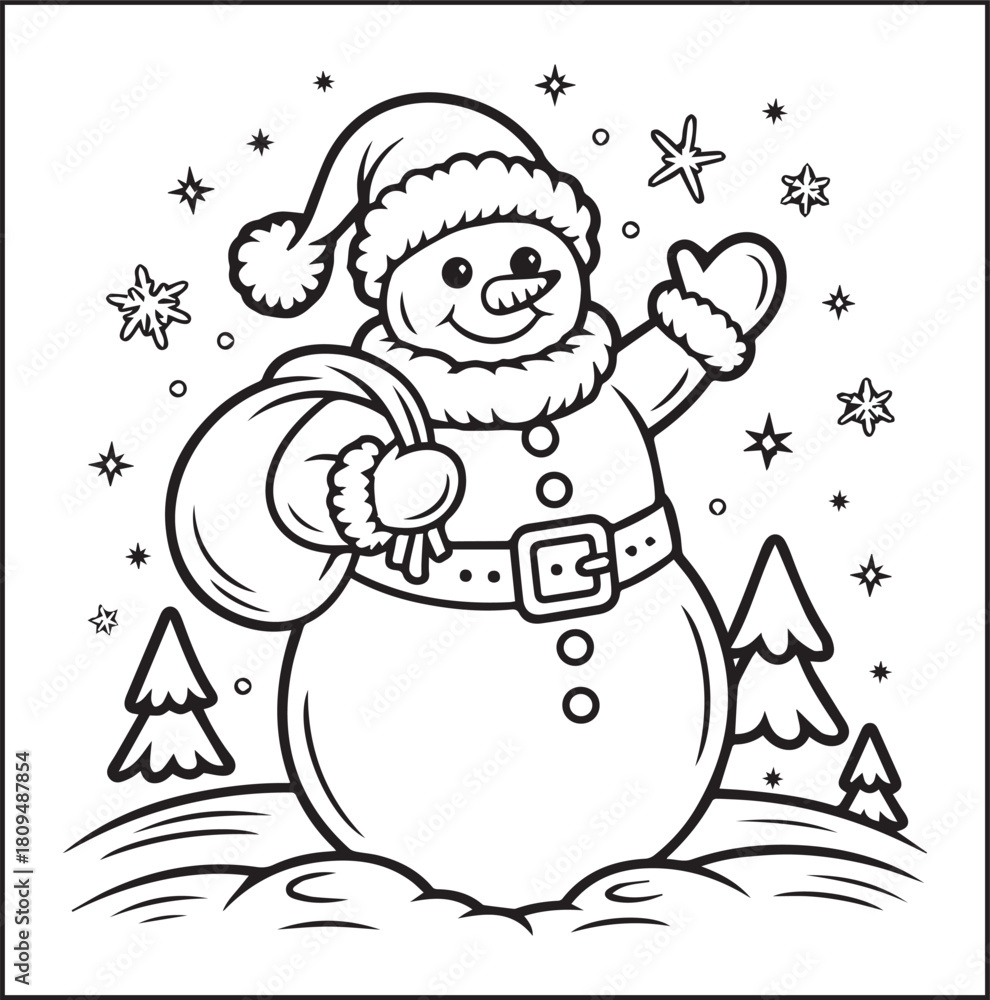Naklejka premium Christmas snowman coloring page for kids, black line art vector illustration for holiday crafts and activities design