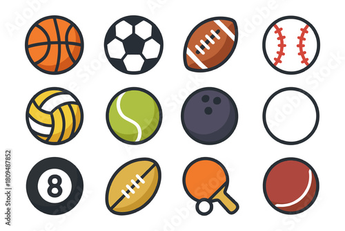 Set of various sports balls including basketball, soccer, volleyball, bowling, and more.