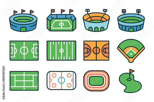 Colorful icons of various sports stadiums and fields.