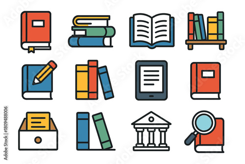Colorful book and library icons for reading and education.
