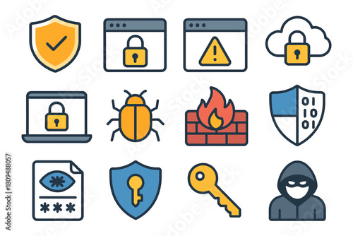 Cybersecurity icons: shields, locks, firewalls, keys, and threat symbols.