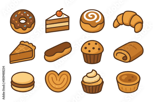 Colorful assorted pastry icons: donut, cake, croissant, eclair, muffin, pie, roll, cookie.