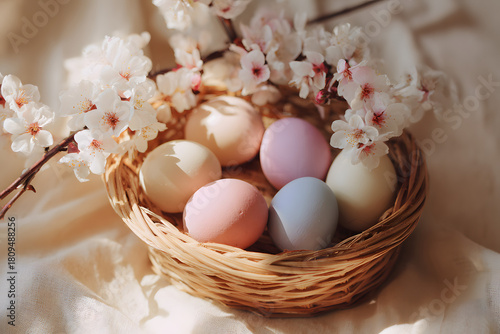 soft wicker basket with pastel eggs and blossoms in warm light creating a peaceful spring aesthetic