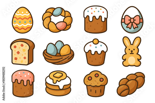 Colorful easter treats and symbols featuring eggs, bunnies, and festive pastries.