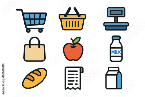 Shopping icons: basket, scale, bag, apple, milk, bread, receipt, cart.