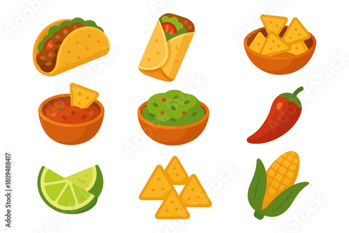 Assorted mexican food icons featuring tacos, nachos, and guacamole.