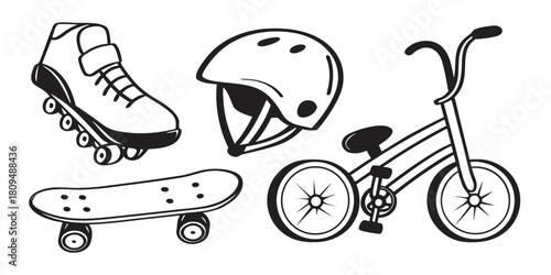 A collection of sporting equipment for outdoor activities includes a roller skate, skateboard, helmet, and bicycle.