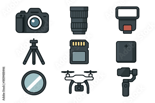 Photography equipment icons: camera, lens, tripod, drone, memory card.