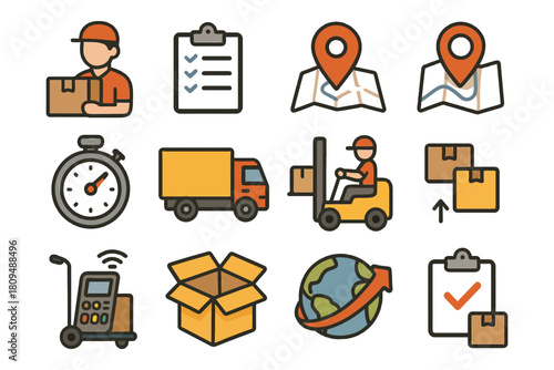 Logistics and delivery icons set featuring courier, map, stopwatch, truck, forklift, and package.