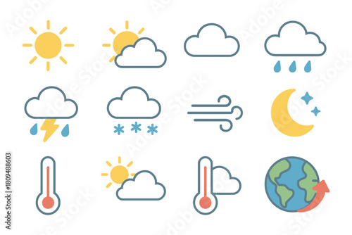 Weather icons: sun, clouds, rain, storms, wind, temperature, earth.