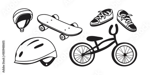 A collection of sports equipment including helmets, a skateboard, a bicycle, and shoes.