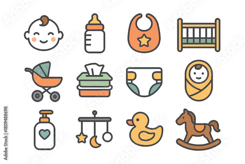 Baby care essentials icons: bottles, diapers, crib, stroller, toys.