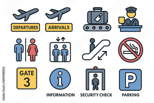 Airport signs and icons: departures, arrivals, security, parking, restrooms.