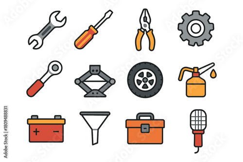 Set of automotive tools and equipment icons in flat design.