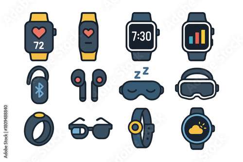 Collection of wearable tech gadgets and accessories with smart features.