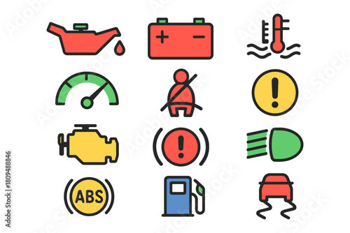 Vehicle dashboard warning icons: engine, temperature, fuel, battery, and more indicators.