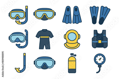 Diving equipment icons featuring snorkel, mask, fins, wetsuit, and more.