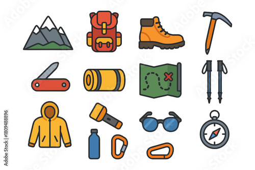 Colorful hiking gear icons set with backpack, boots, map, and more.