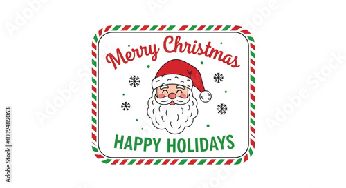 Cheerful Santa Claus illustration with beard, red hat, snowflakes, and candy cane striped border for joyous holiday season greetings